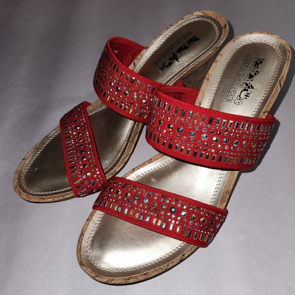 Coach and Four Vander Wedge Sandals with Metallic Embellishments Sz 8